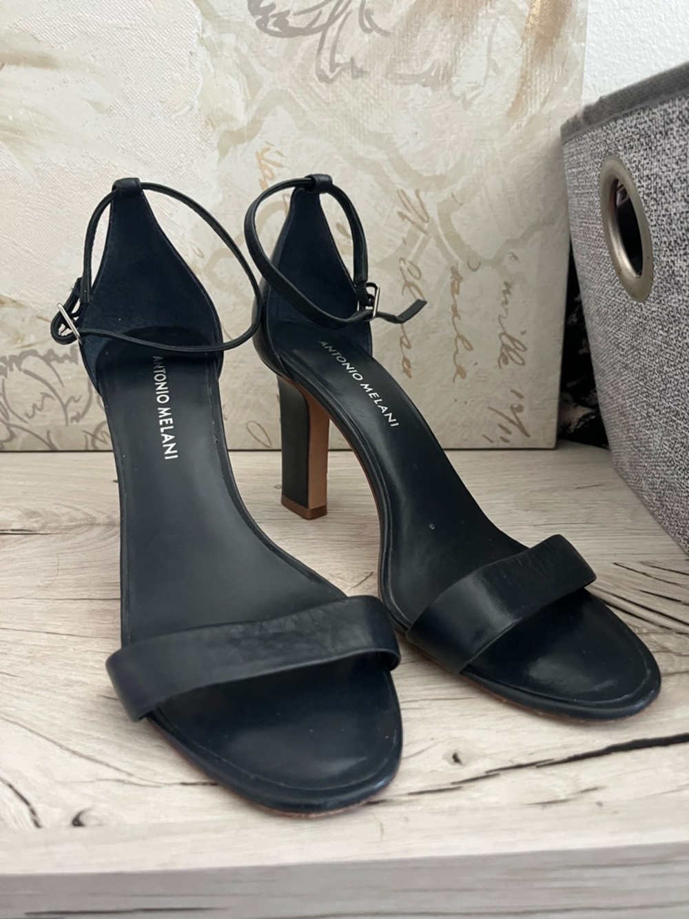 ANTONIO MELANI Navy blue Open-Toe Ankle-Strap Block Heels